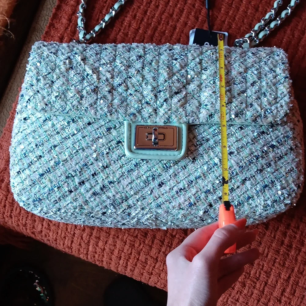 Karl Lagerfeld Paris Tweed Shoulder Bag in Mist Green - Picture 13 of 14